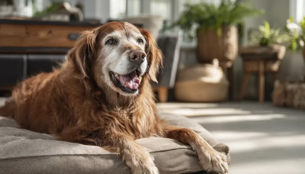 Senior dog resting comfortably on a soft bed, showing signs of aging with gray fur and gentle eyes.