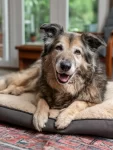 Senior dog resting comfortably in an orthopedic bed.