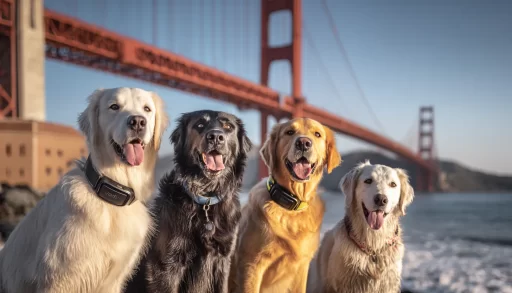 Golden retriever wearing advanced GPS collar on California beach with tech startup office background