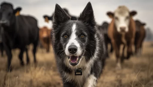 Working dog wearing heavy-duty GPS tracker at Texas oil refinery with safety equipment