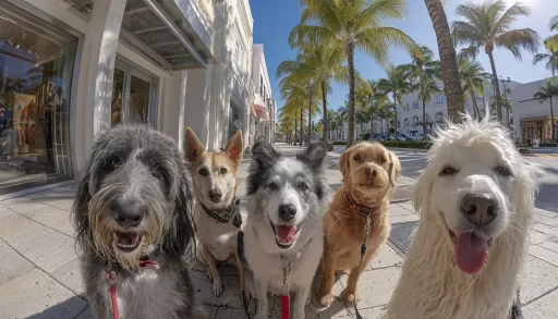 Dog wearing hurricane-ready GPS collar on Florida beach with storm clouds approaching