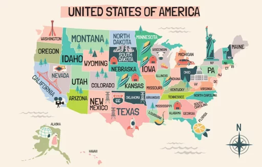Map of the United States highlighting regional pet wearable solutions across major cities and rural counties