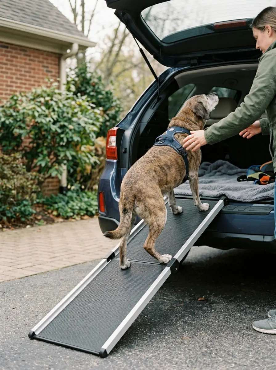 senior dog struggling to get into car