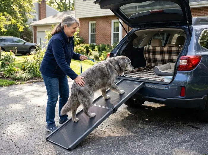 dog ramp helping senior dog enter car