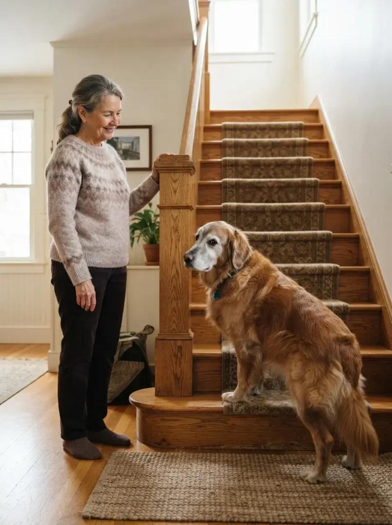 Senior Golden Retriever hesitating before climbing indoor stairs